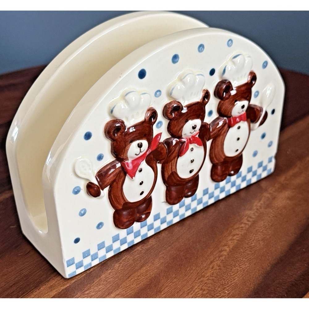 Vintage Teddy Bear Chef Napkin Holder Ceramic Blue Check Polka Dot Hand painted - Picture 4 of 4